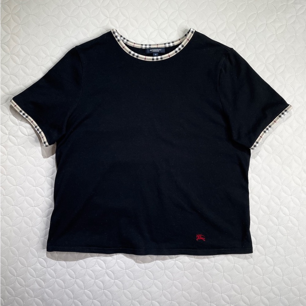 Burberry London Nova Check Piping Trim Stretch Black T-Shirt Size S